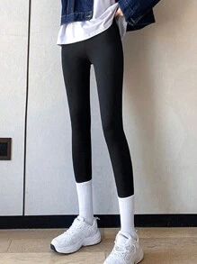 Women's Yoga Leggings High Waist Tummy Control Stretchy Skinny Pants, Shark Patchwork Design - Black - View 3