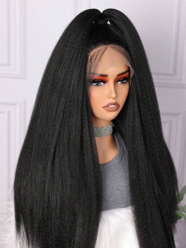 Natural Long 26 Inch 200density Soft Yaki Black Kinky Straight Lace Front Hair Wig Synthetic For Women Natural Hairline Free Part Wig With Afro Baby Hair
