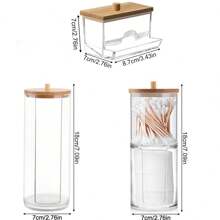 1 Pieza/3 Piezas Soporte Multifuncional Para Almohadillas Con Tapa De Bambú Para Almacenamiento En Baño - Dispensador De Acrílico, Frasco De Redondo Transparente Y Frasco De Almacenamiento De Cosméticos De Plástico - Set Organizador De Maquillaje