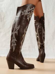 Botas Vaqueras De Invierno Para Mujer Con Tacón Alto, Tacón Grueso, Punta Cuadrada, Bordado Y Longitud Hasta La Rodilla, Marrón - Marrón - Ver 4