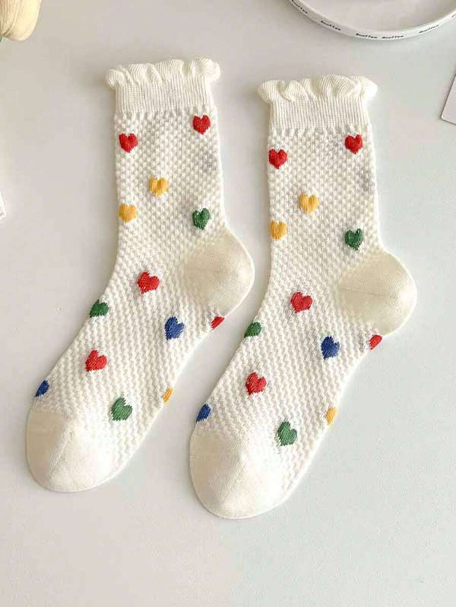 波尔卡圆点女袜，白色，百搭，学院风，洛丽塔风，可爱，原宿风，荷叶边，蕾丝袜，日式风格，心形刺绣，中筒袜，秋季 - 米色 - 查看 1