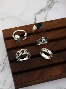 5pcs/set Punk Skull Gothic Style Fashion Ring Set, Suitable For Women's Daily Wear - Silver - View 3
