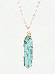 1pc Fashionable Hexagonal Column Crystal Necklace, Natural Stone Handmade Copper Wire Wrapped Pendant, Amethyst & Tiger's Eye Jewelry Necklace