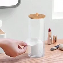 1 Pieza/3 Piezas Soporte Multifuncional Para Almohadillas Con Tapa De Bambú Para Almacenamiento En Baño - Dispensador De Acrílico, Frasco De Redondo Transparente Y Frasco De Almacenamiento De Cosméticos De Plástico - Set Organizador De Maquillaje