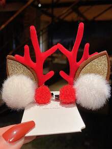 2入組兒童紅色卡通鹿角髮夾,可用於聖誕裝扮和新年的女孩髮飾 - 彩色 - 查看 4