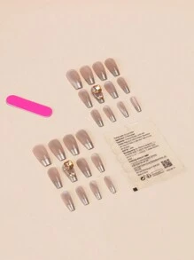 立即提升您的形象,使用這套24入漸變法式貓眼鑽石日式棺材形假指甲,包括1個果凍膠和1個指甲文件,非常適合派對,舞蹈或日常穿著 - 彩色 - 查看 2