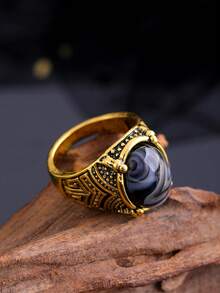 歐美時尚運動潮流男士天然黑色瑪瑙石彩色石頭復古華麗男戒