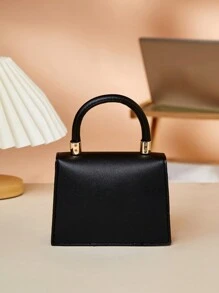 Mini Plain Pattern Hardware Decor Flip-over Women's Hand-carrying Crossbody Bag - Black - View 5