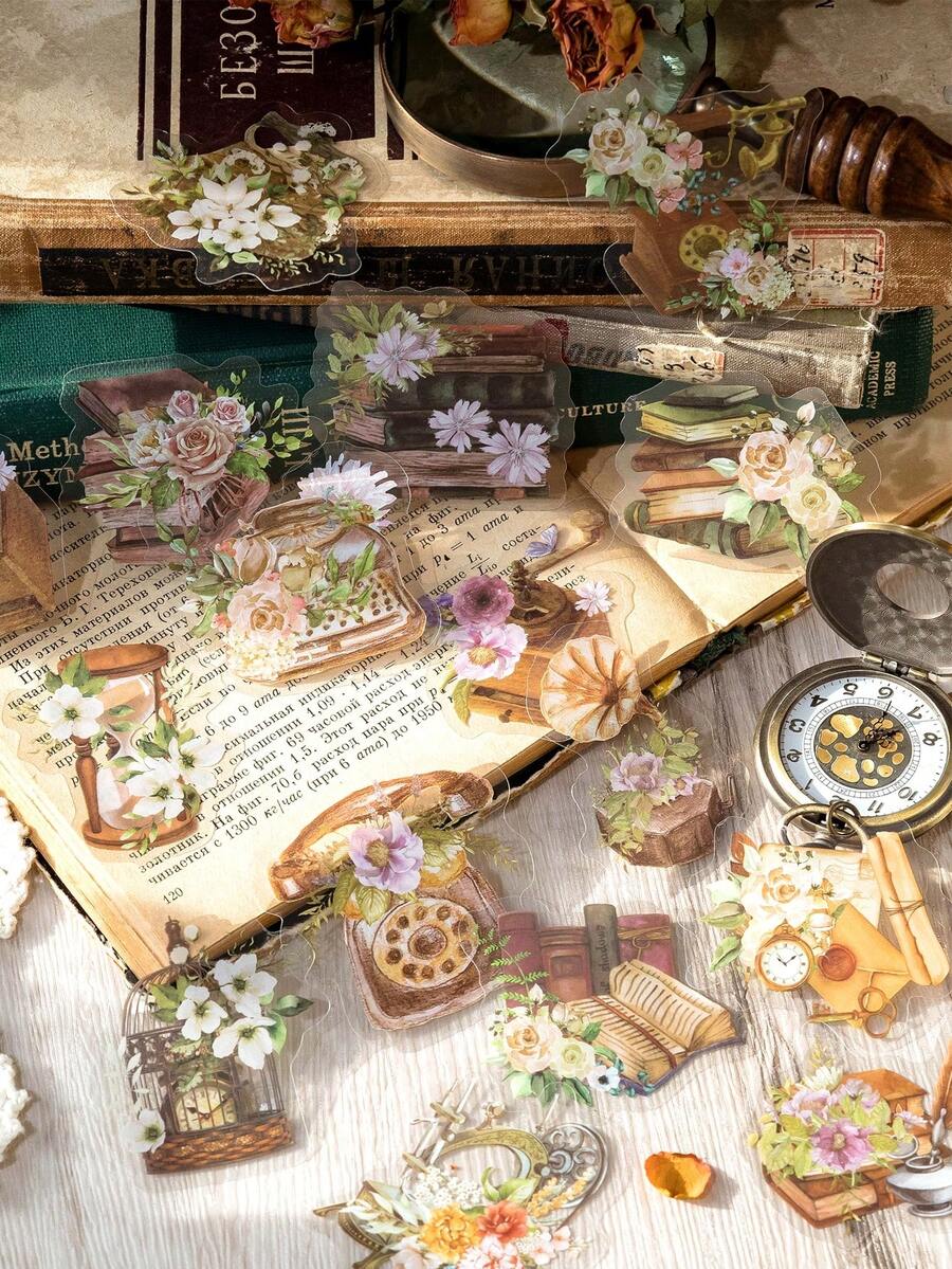 30 Piezas/paquete Conjunto De Pegatinas Impermeables De Collage De Flores Retro Para Scrapbooking, Diario Y Decoración Diy - Multicolor - Ver 1