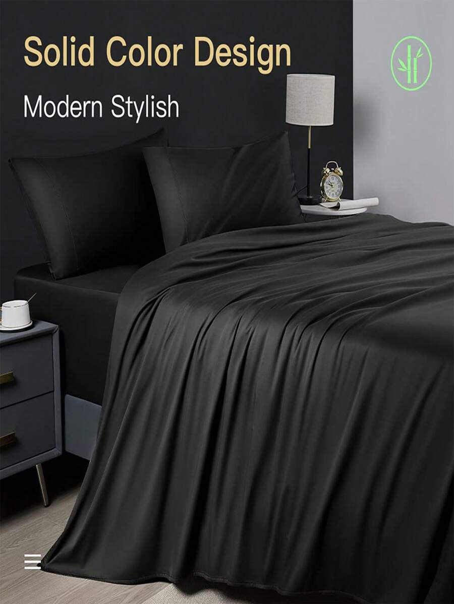 Bamboo Bed Sheets Set 4 Piece, 1800 Thread Count Super Silky Soft Sheet, 16 Inch Deep Pocket Breathable Sheet Set, Machine Washable- King/Queen - Black - View 1