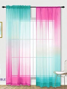 1pc Green & Pink Ombre Sheer Curtains, Half Shading, For Bedroom, Living Room, Balcony, Study Room, Sun Protection, Heat Insulation, Short Curtain - Pink - View 2
