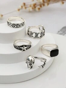 5pcs/set Punk Skull Gothic Style Fashion Ring Set, Suitable For Women's Daily Wear - Silver - View 5