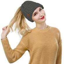 1pc Women Cable Knit Acrylic Thick Warm Soft Elasticity Ponytail Beanie For Cold Weather Outdoor Activities - Dark Grey - View 3
