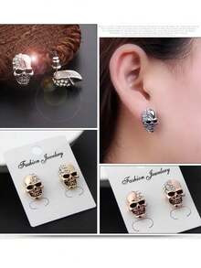 Arete Piercing Calavera Craneo Zirconia Acero Inoxidable - Plateado - Ver 2