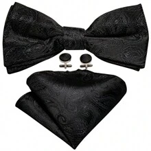 3pcs Formal Occasion Men's Silk Adjustable Bow Tie, Pocket Square And Cufflinks Set - Black - View 2