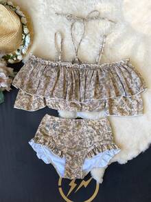 Set da 3 pezzi di costumi da bagno per donna, costume da bagno con gonna rimovibile, spalle scoperte e rifiniture arricciate, adatto per spiaggia, viaggio e spa estiva