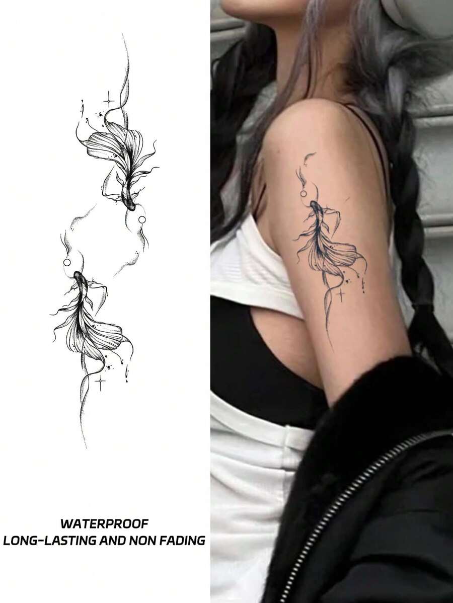 1片防水且無反光金色魚紋身貼紙,逼真風格,適用於女孩手臂 - 黑色 - 查看 1
