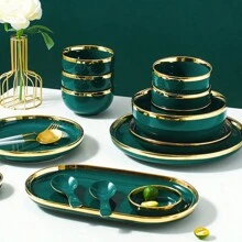 1份綠色和金色瓷器餐具套裝,創意設計配有金邊,包括盤子、牛排盤、飯碗、湯碗、匙羹、魚盤、調味碟,適用於家庭、西餐廳、酒店