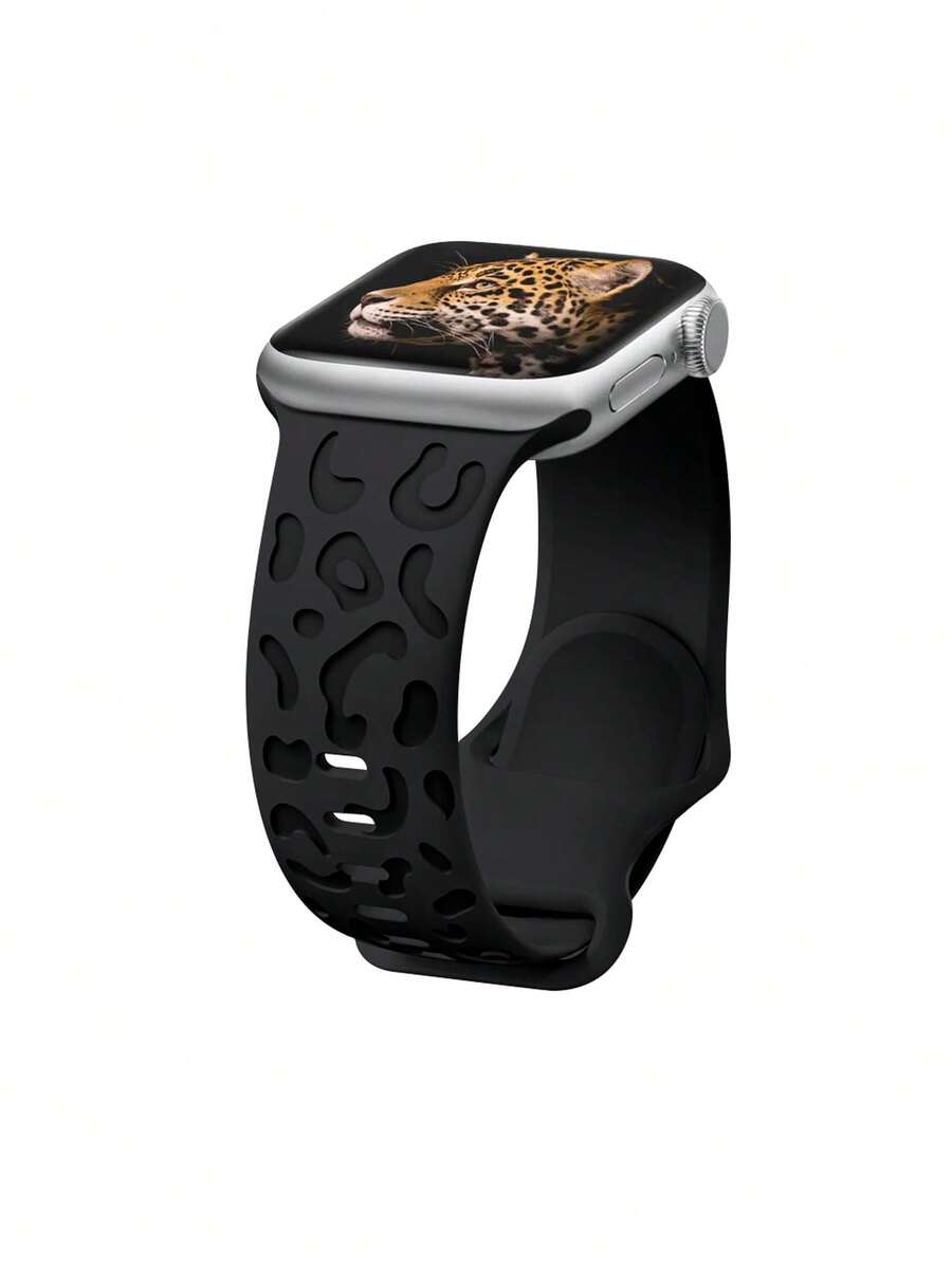 豹纹花卉雕刻表带,兼容苹果手表 49mm、45mm、44mm、42mm、41mm、40mm、38mm、46mm 表盘,豹纹防水运动硅胶替换表带,适用于苹果手表 Series 11、10、9、8、7、6、5、4、3、2、1、SE,女士款 - 黑色 - 查看 1