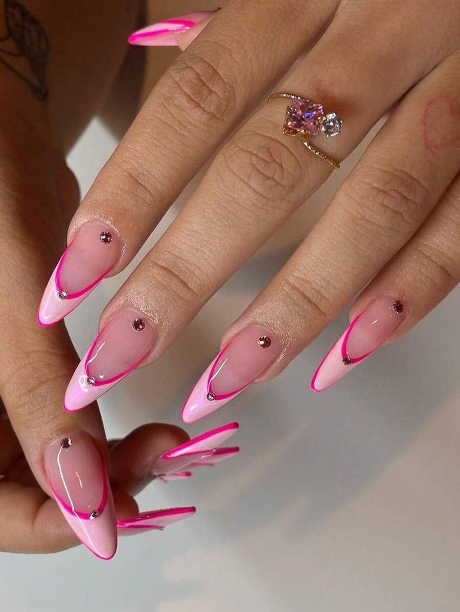 24pcs New Version Medium Length Almond Shape False Nails, Pink French Style, A Manicure Set That All French Style Lovers Would Like, Including 1 Jelly Gum And 1 Nail File. - Multicolor - View 1