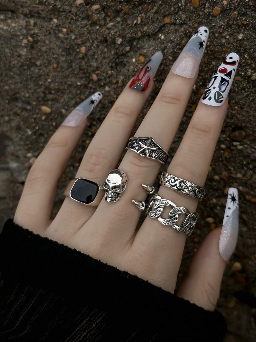 5pcs/set Punk Skull Gothic Style Fashion Ring Set, Suitable For Women's Daily Wear - Silver - View 1