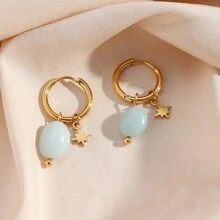 1對不銹鋼鍍金耝石和天然石頭八角星吊墜耳針,獨特設計 - 天河石 - 查看 1