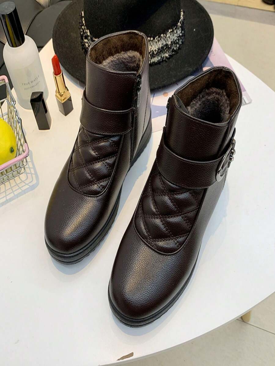 新款冬季时尚休闲女靴保暖内衬软底软面中老年妈妈鞋 - 棕色 - 查看 1