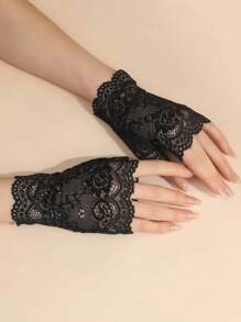 Elegant 1pair Women's Sailor Dance Style Fingerless Lace Gloves For Sun Protection & Scar Coverage While Driving Halloween - Black - View 2