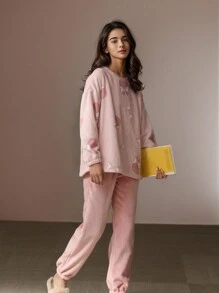 2 cái/bộ Của phụ nữ Lông cừu san hô Đồ ngủ , Mùa Thu /đông Dày lên Hoạt hình Trang phục mặc nhà Có thể Ngoài - Hồng - Xem 5