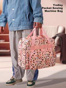 1件縫紉工具印花工藝圖案縫紉機袋+手推車插袋時尚可愛風格聚酯纖維方形大容量雙層可攜式拉鍊型模型儲物組織袋,可用作朋友、家人的禮物 - 彩色 - 查看 4