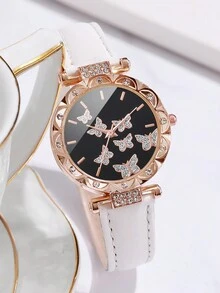 5入組流行時尚女士石英手錶,具有蝴蝶表盤和鑲有鑽石的蝴蝶皮帶,配有蝴蝶手鍊 - 白色 - 查看 6