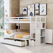 Stairway Bunk Beds Twin Over Full with Storage Shelves and 2 Under Bed Drawers Convertible Bottom Bed - White - View 1