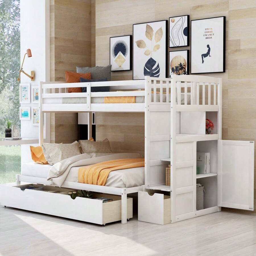 Stairway Bunk Beds Twin Over Full with Storage Shelves and 2 Under Bed Drawers Convertible Bottom Bed - White - View 1