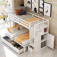 Stairway Bunk Beds Twin Over Full with Storage Shelves and 2 Under Bed Drawers Convertible Bottom Bed - White - View 3