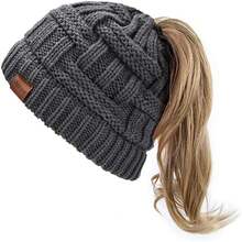 1pc Women Cable Knit Acrylic Thick Warm Soft Elasticity Ponytail Beanie For Cold Weather Outdoor Activities - Dark Grey - View 6