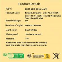 1 pieza Tira de luz LED blanca USB, con 60 LED/metro, no impermeable, tira de luz LED flexible, adecuada para retroiluminación de TV, computadora y cocina