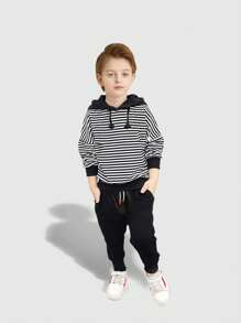 幼童男童春/秋季新款條紋運動衫和黑色長褲2入套裝,休閒運動連帽衫裝扮