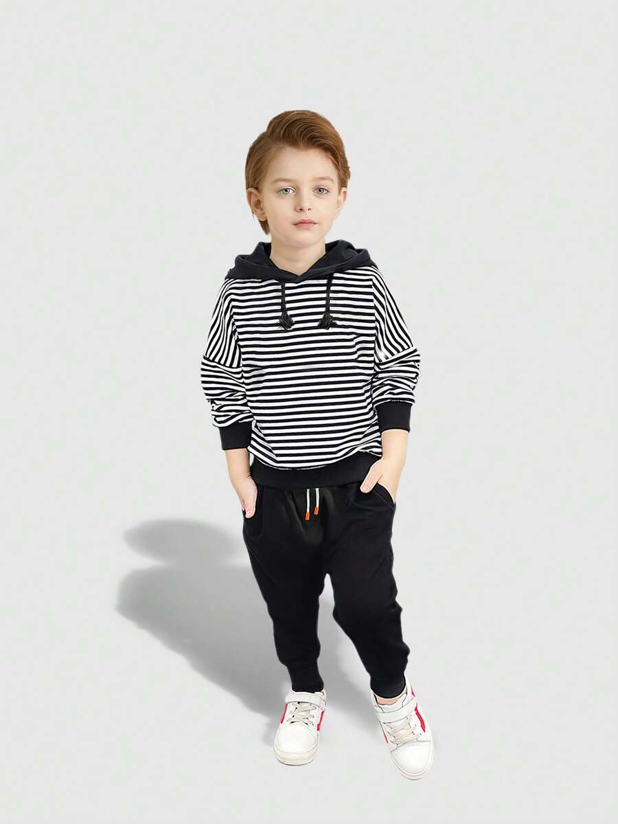 幼童男童春/秋季新款條紋運動衫和黑色長褲2入套裝,休閒運動連帽衫裝扮