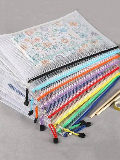 4/12 pièces Pochette à fermeture éclair en maille de couleur aléatoire, sac à fermeture éclair, sac puzzle pour l'organisation et le stockage, format lettre, format A4, sac en maille transparent renforcé, sac d'archivage à fermeture éclair, sac d'information de couleur aléatoire