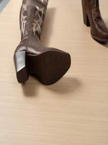 Botas Vaqueras De Invierno Para Mujer Con Tacón Alto, Tacón Grueso, Punta Cuadrada, Bordado Y Longitud Hasta La Rodilla, Marrón - Marrón - Ver 7