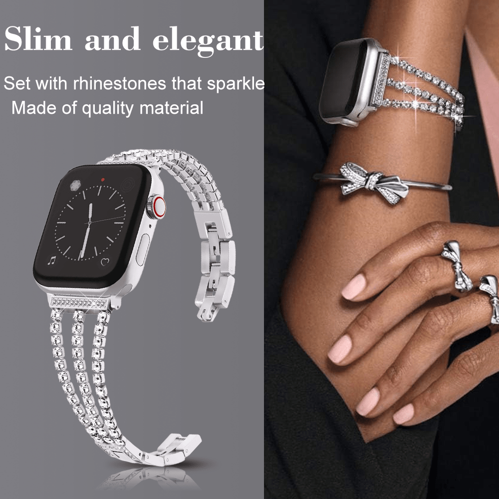1pc Zinc Alloy Watch Band Inlaid Rhinestone, Wristband Compatible With Apple Watch Band Series Se/9/8/7/6/5/4/3/2/1 41mm 40mm 38mm 45mm 44mm 42mm, Silver, Compatible With Apple Watch Strap 41mm 40mm 44mm 45mm Women Gifts Metal Bracelet Apple Watch Bands