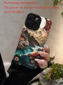 1入組PU皮革山水圖案防摔手機外殼適用於iphone(平底印花,不是3D效果) - 彩色 - 查看 5