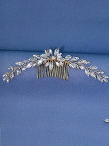 1入套女性金色水鑽新娘髮飾套裝,含耳環,適用於婚禮、宴會、派對 - 金色 - 查看 1