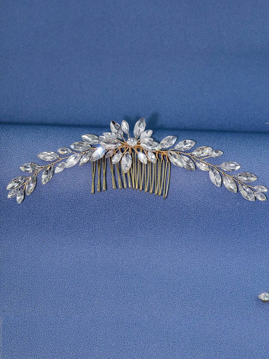 1入套女性金色水鑽新娘髮飾套裝,含耳環,適用於婚禮、宴會、派對 - 金色 - 查看 1