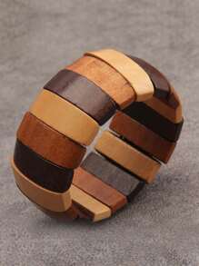 1pc Bohemia Style Literary Retro Elastic Wood Beaded Bracelet For Women, Gradient Brown, Random Color