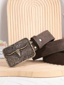 中性印花卡其色pu皮帶,配有金牛形扣環,適合牛仔褲,西部牛仔風格,適合日常穿著和萬聖節 - 卡其色 - 查看 1