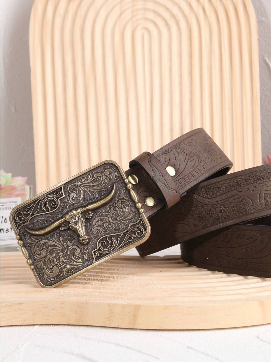 中性印花卡其色pu皮帶,配有金牛形扣環,適合牛仔褲,西部牛仔風格,適合日常穿著和萬聖節 - 卡其色 - 查看 1