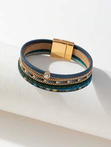 1 件時尚簡約 Pu 皮革編織和水鑽裝飾多層手鍊,帶有磁扣,適合女士,適合派對,也可作為送給家人和朋友的珠寶禮物。 - 金色 - 查看 5