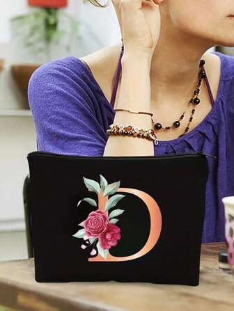 1 件 D 简约字母印花化妆包，拉链便携式随身包，轻便手拿零钱包，便携式旅行盥洗袋，TS 印花铅笔盒带拉链化妆包盥洗袋化妆品收纳化妆包化妆包化妆品收纳袋