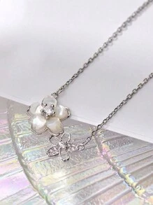 1 chiếc trang sức vòng cổ nữ đính đá Cubic Zirconia hình hoa anh đào tươi tắn, đơn giản, thanh lịch, tinh tế, thích hợp cho tiệc hẹn hò - Bạc - Xem 4